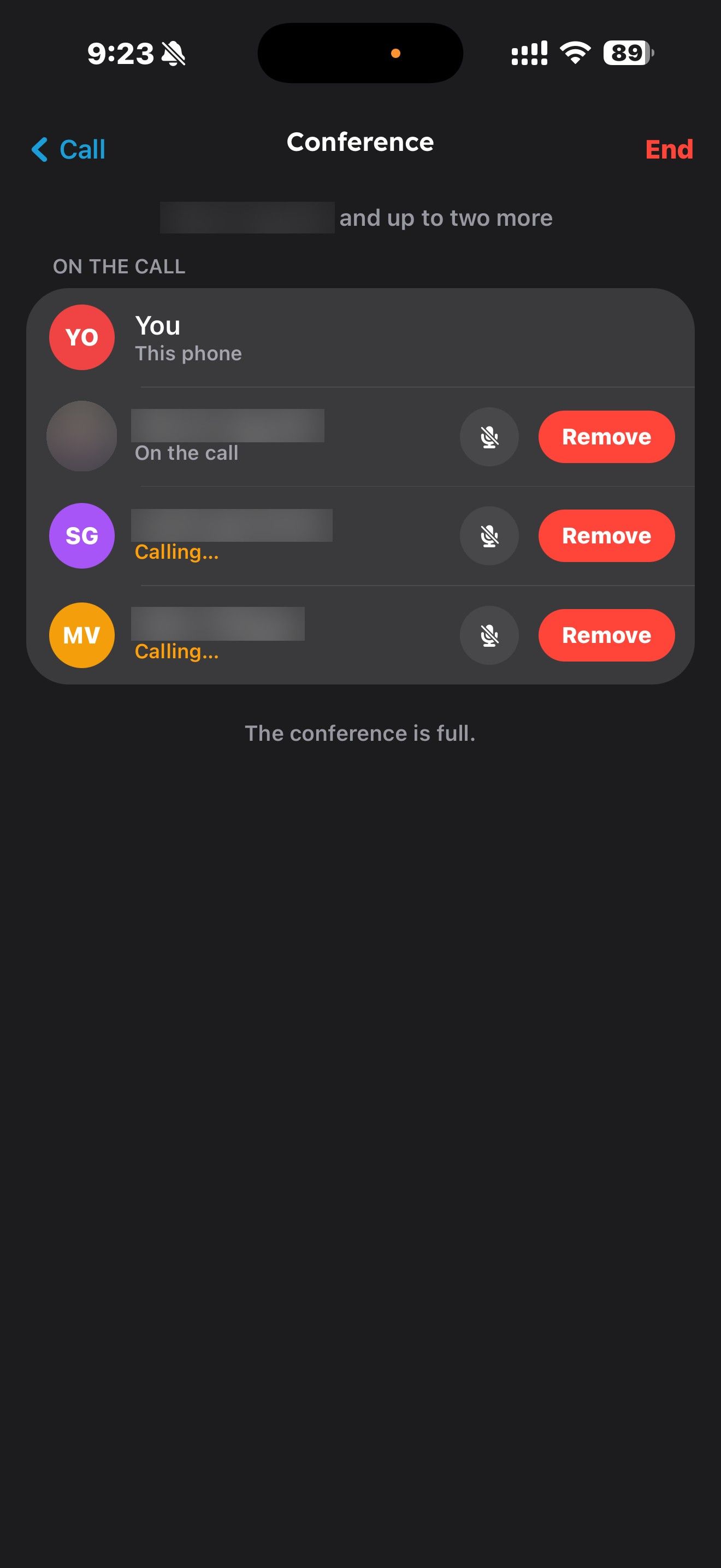 Three-way conference call in progress in the RingQ iPhone app