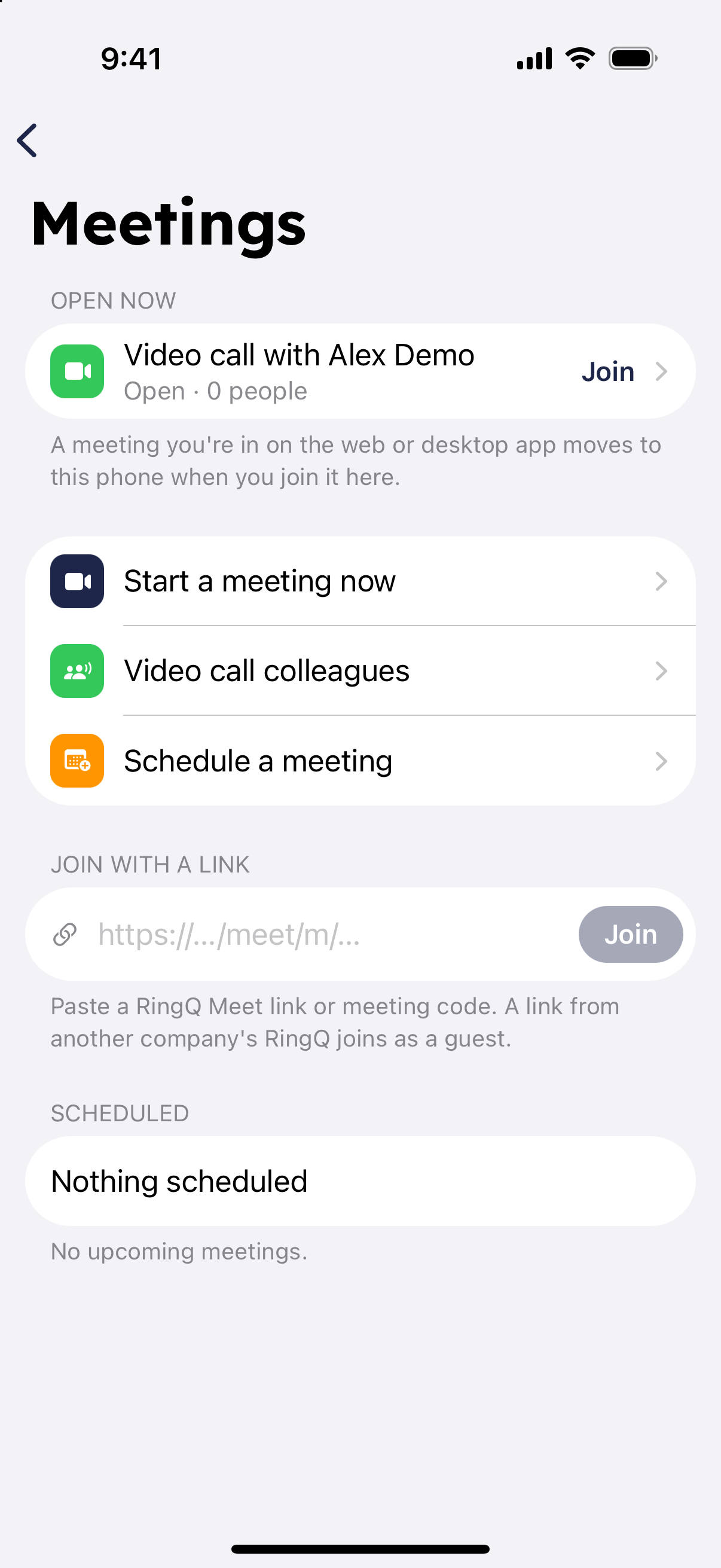 RingQ Meet Meetings screen in the mobile app