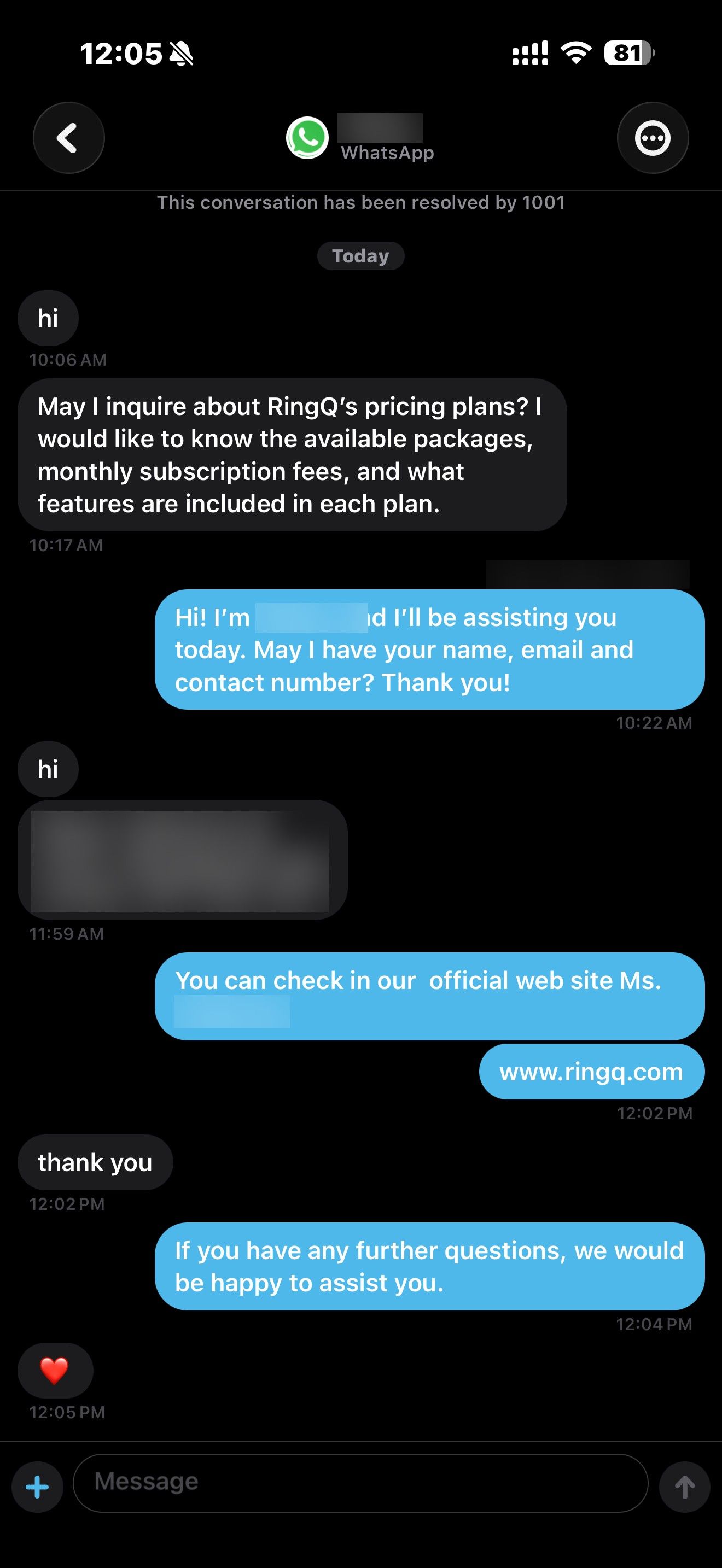 Replying to a customer WhatsApp chat in the RingQ app