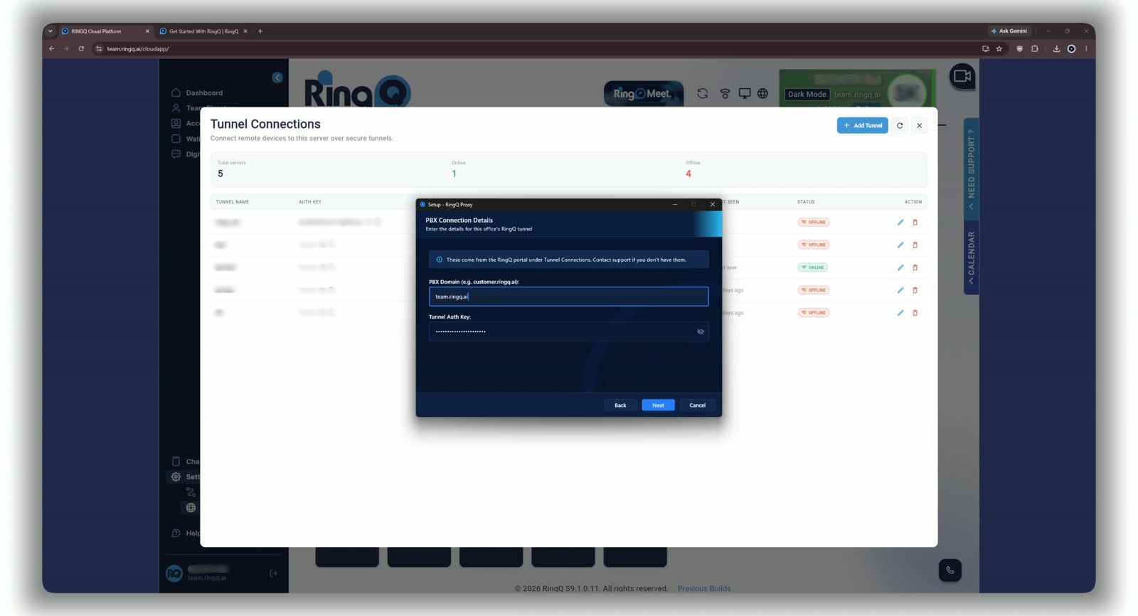 PBX Connection Details filled in — domain and auth key entered, ready to continue.