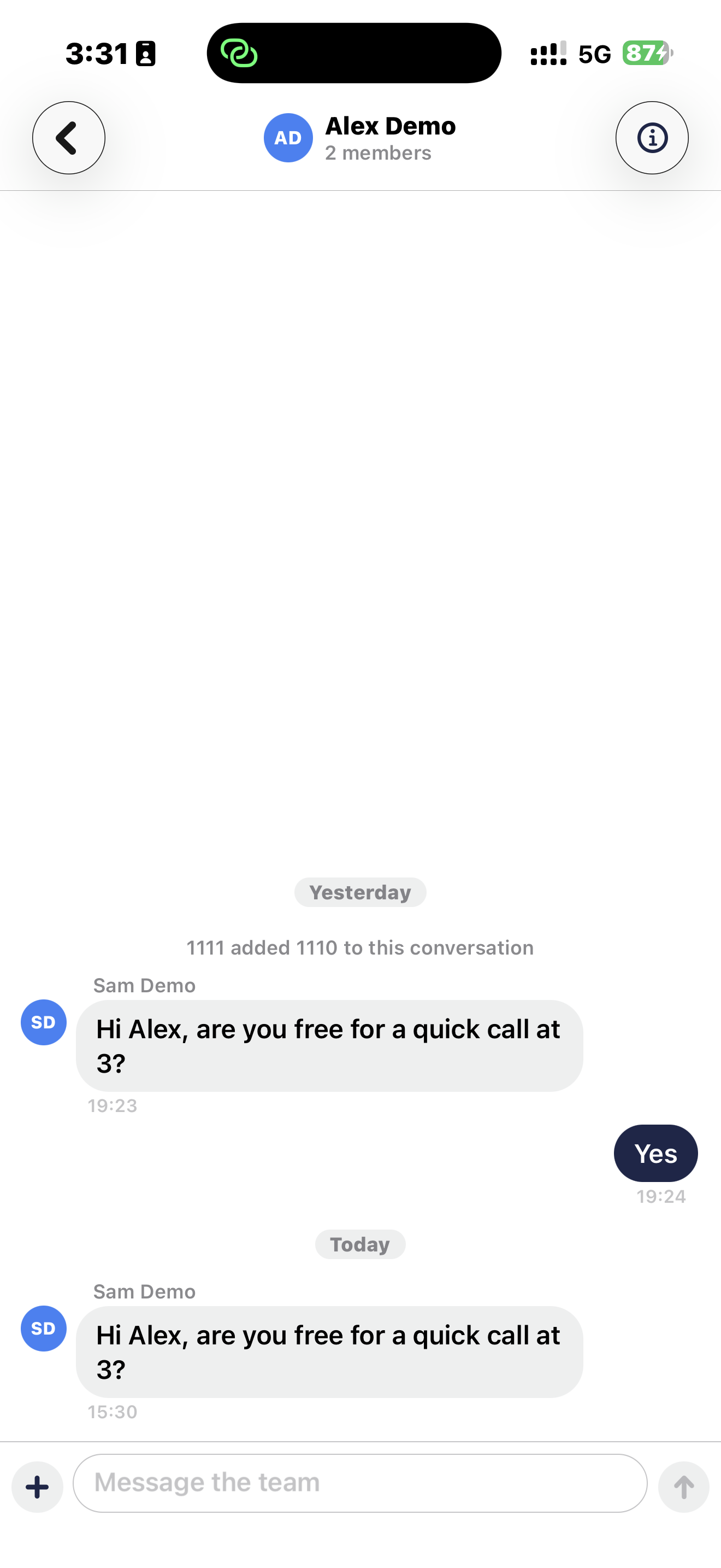 One-to-one team chat with a reply in the RingQ iPhone app