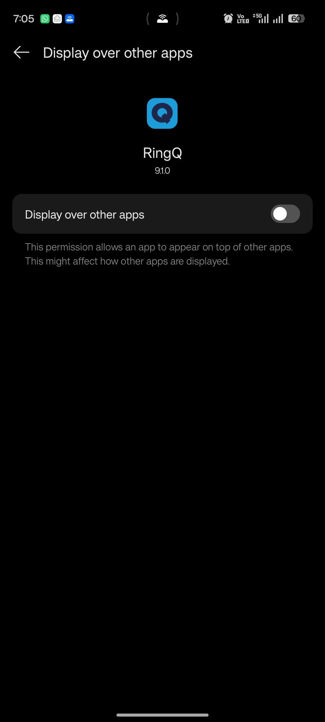 Android Display over other apps switch for RingQ