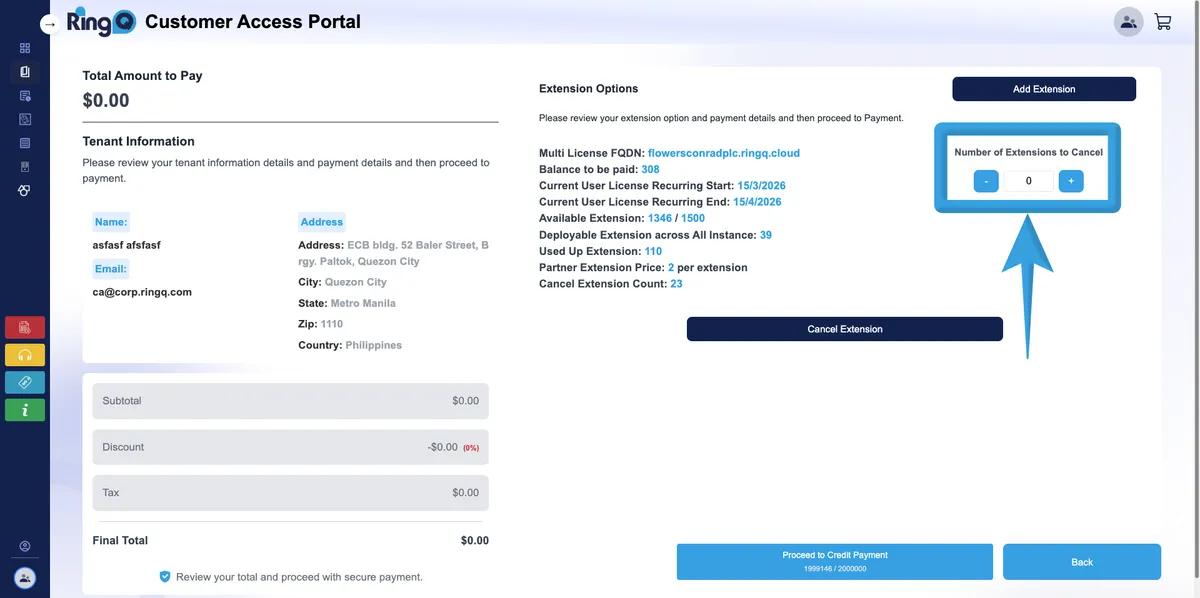Number of extension to cancel