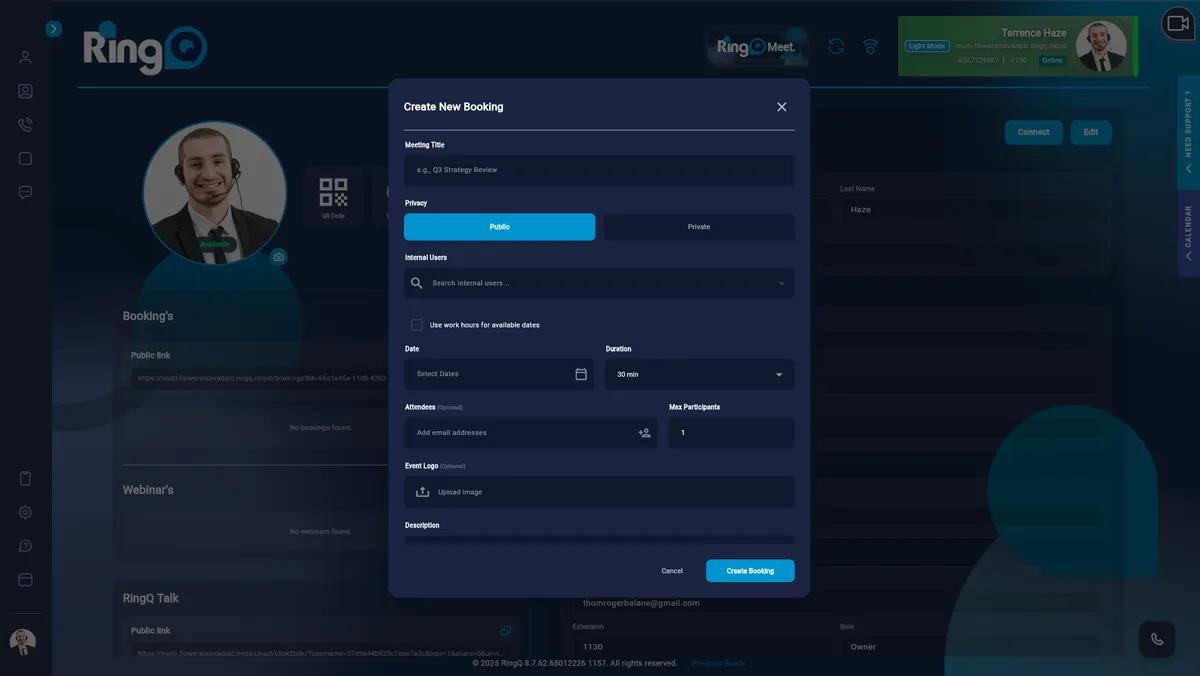 Complete the fields to create a RingQ Booking.