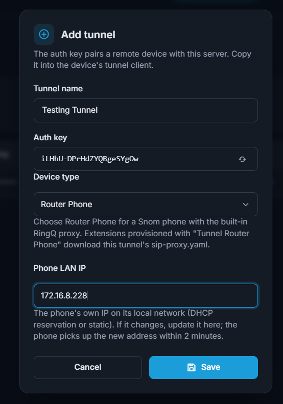 Tunnel form: name, device type Router Phone, static IP