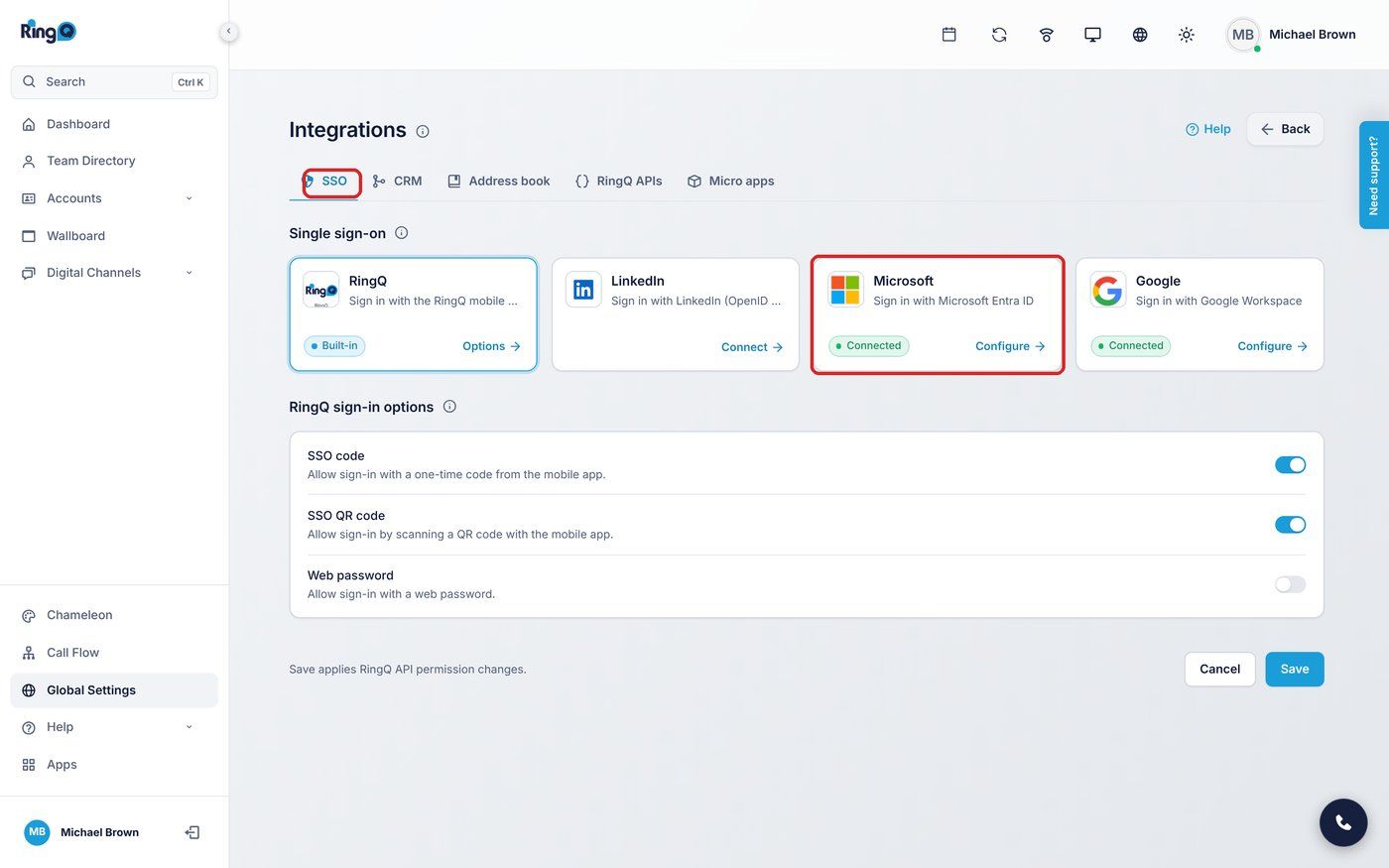 Integrations > SSO > Microsoft card