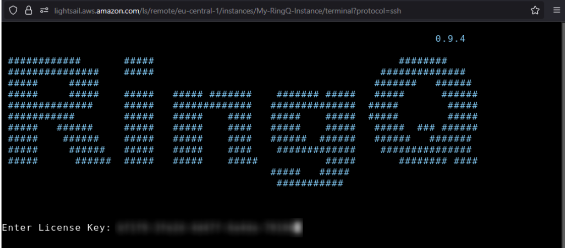 Enter RingQ license key for Amazon Lightsail