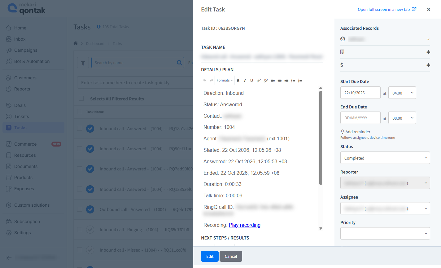 Qontak Edit Task: call details written by RingQ (direction, status, contact, number, agent, times, duration, talk time, RingQ call ID, Play recording)