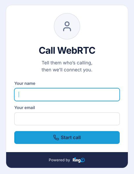 RingQ web call page where a visitor enters name and email and clicks Start call, powered by RingQ