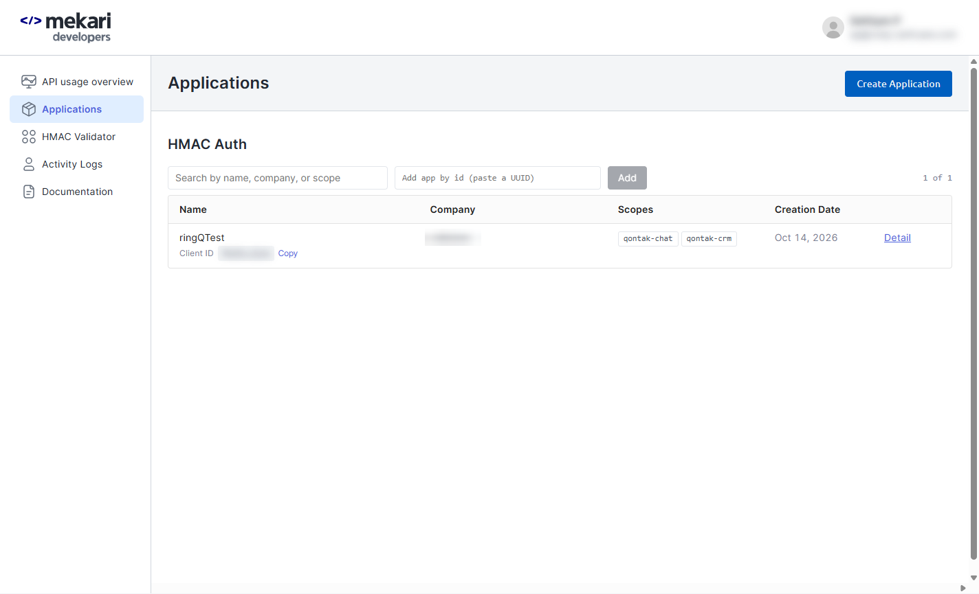 Mekari Developer Center → Applications: HMAC Auth list with an existing application, its Client ID (blurred), company and scopes