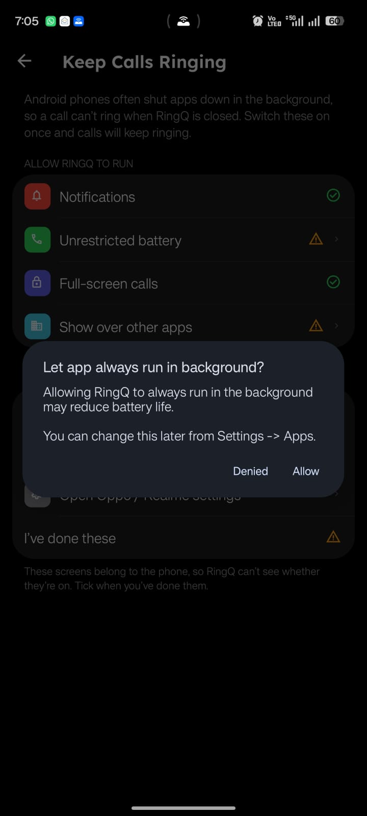 Android dialog allowing RingQ to always run in the background