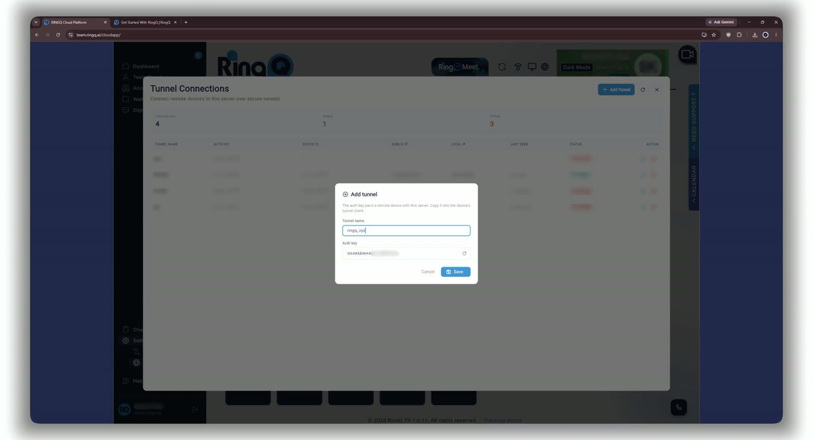 Add tunnel dialog — name the tunnel and the portal generates the auth key.
