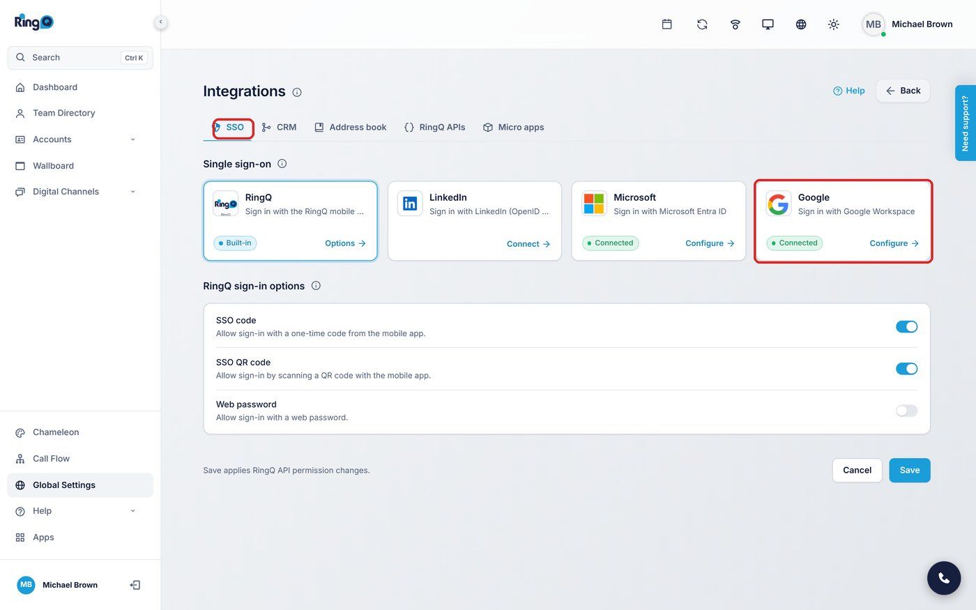 Integrations > SSO > Google card