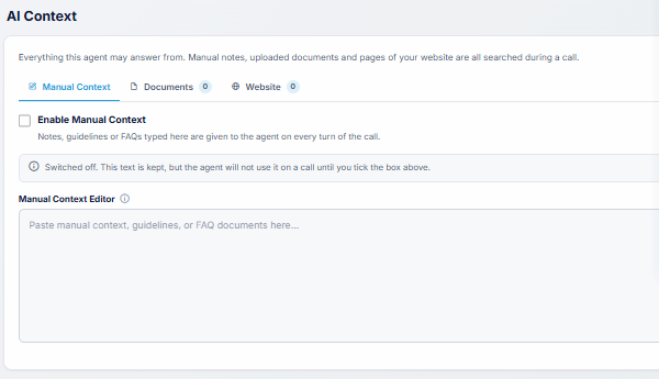 AI Context box with Manual Context, Documents and Website tabs