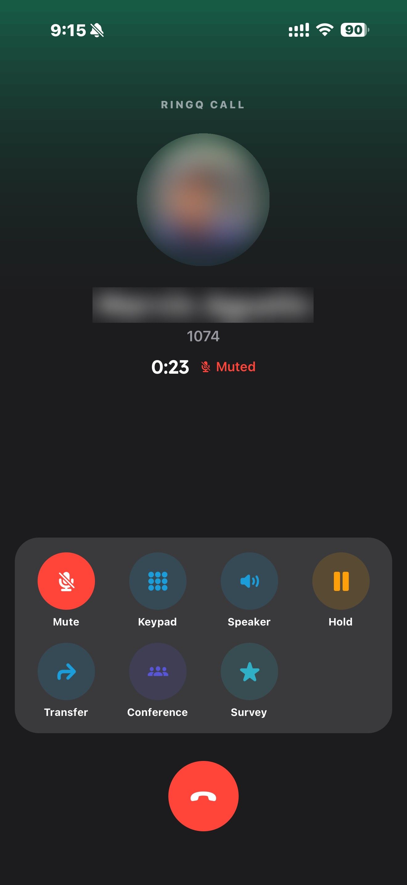 RingQ iPhone call screen with mute turned on