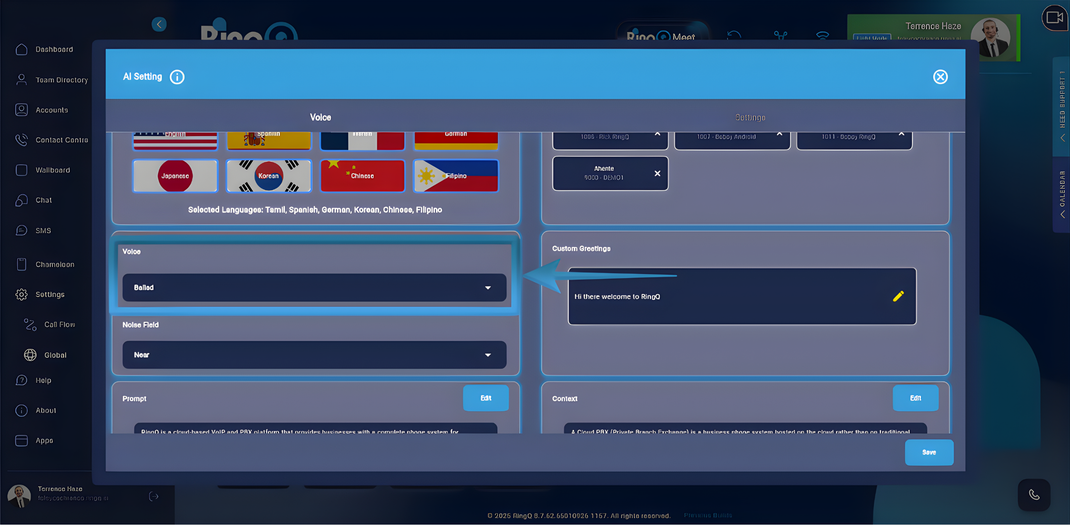 Voice AI settings for your ChatGPT AI Agent in RingQ