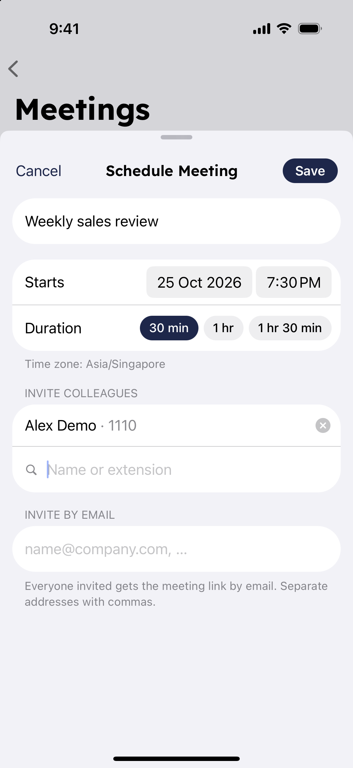 Schedule a meeting form in the RingQ mobile app