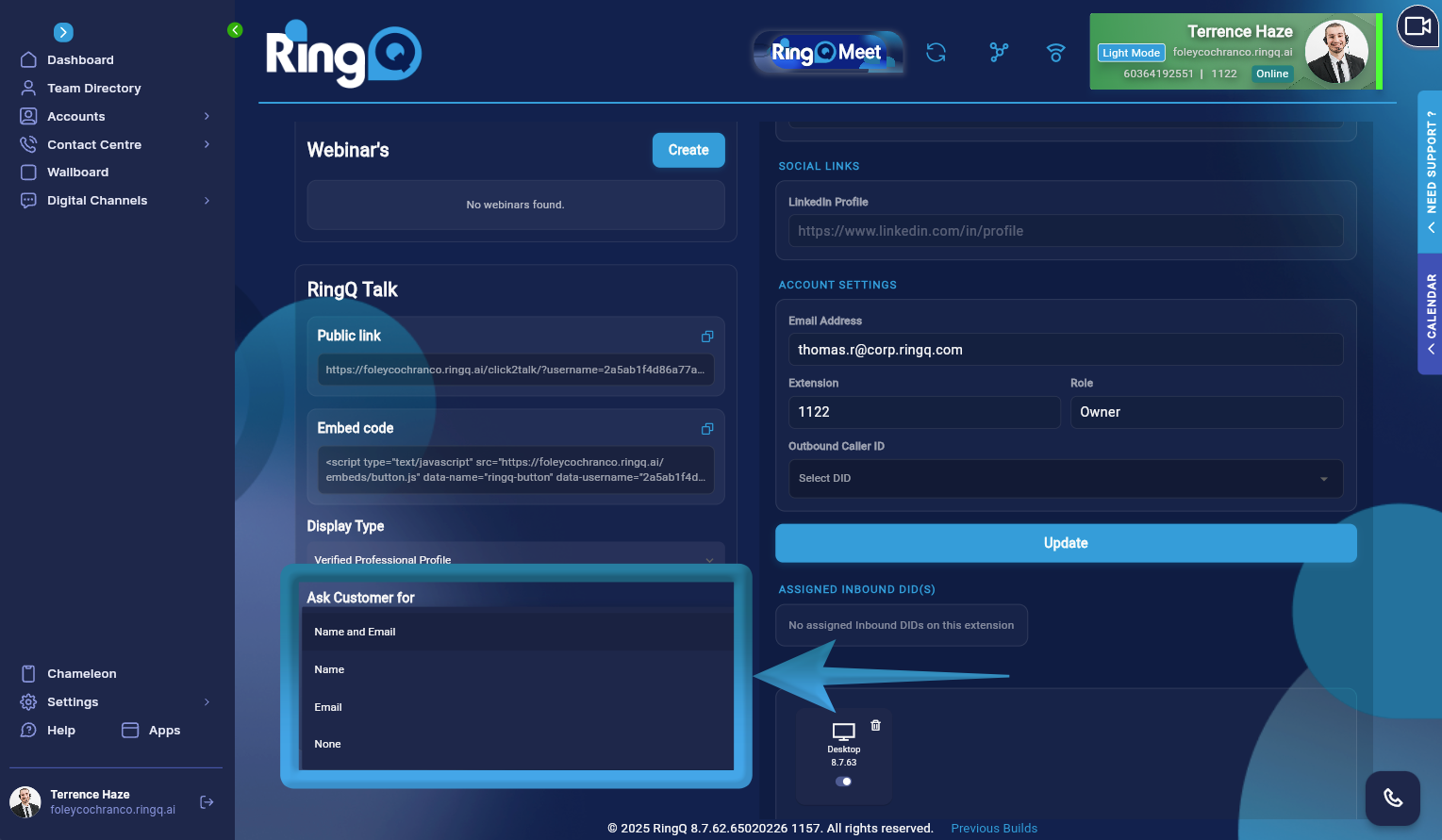What info should RingQ request from the customer before initiating RingQ Talk Link call.