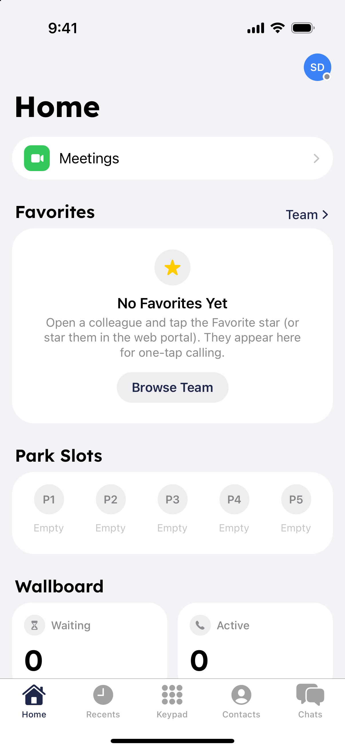 RingQ app Home screen with favorites and park slots