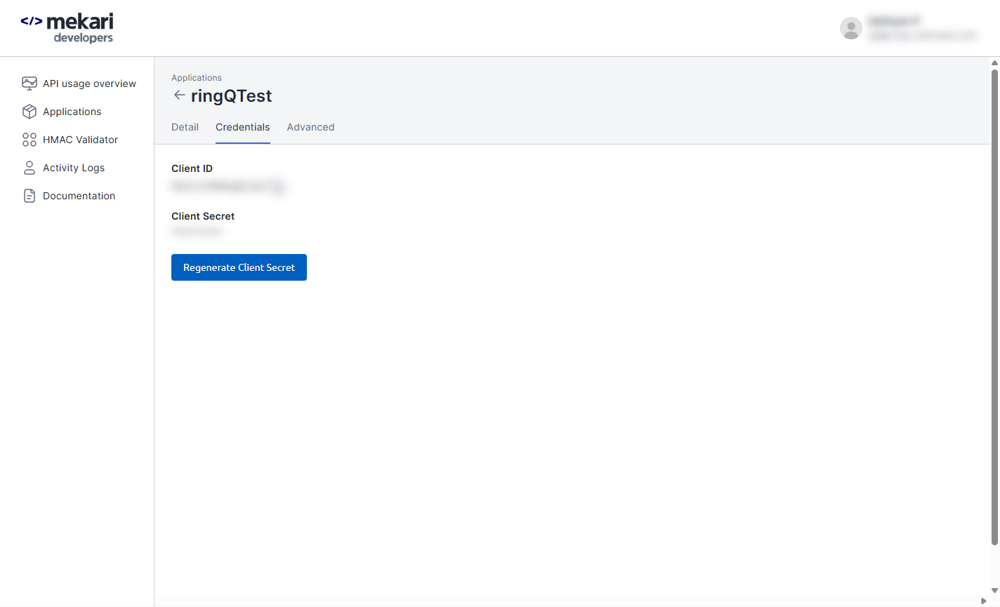 Mekari application Credentials tab: Client ID and masked Client Secret (both blurred), Regenerate Client Secret
