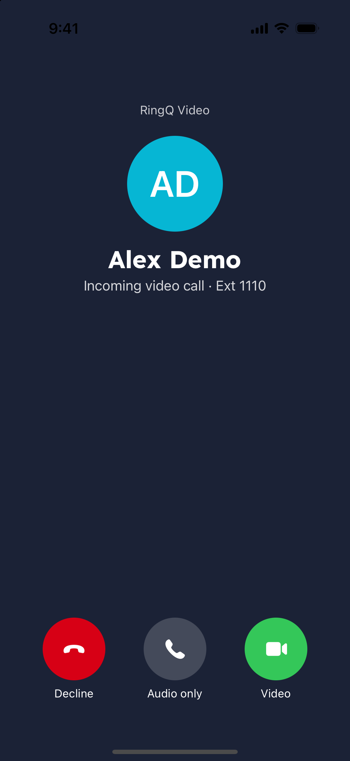 Incoming RingQ video call with Video, Audio only and Decline