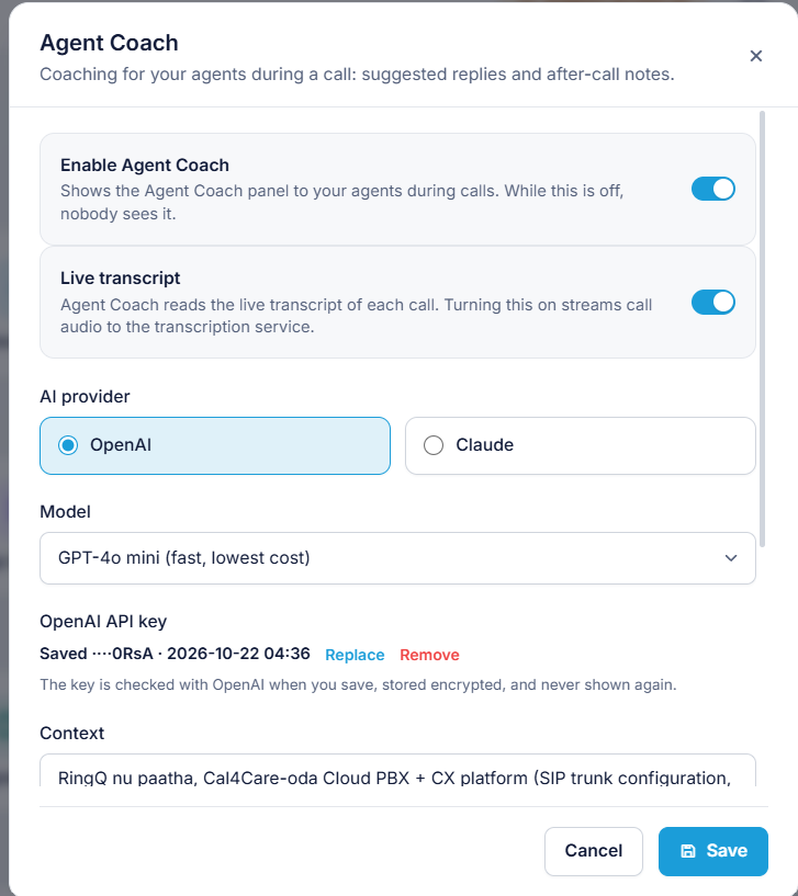 Agent Coach settings dialog
