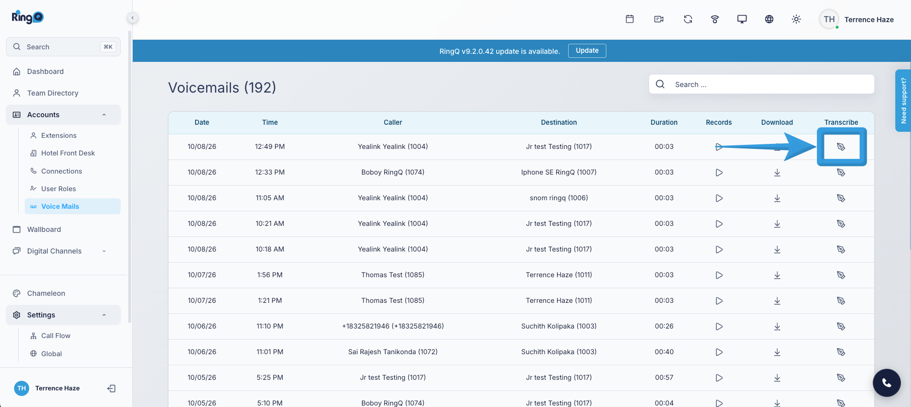 Testing the AI Transcription: Select a Voicemail log