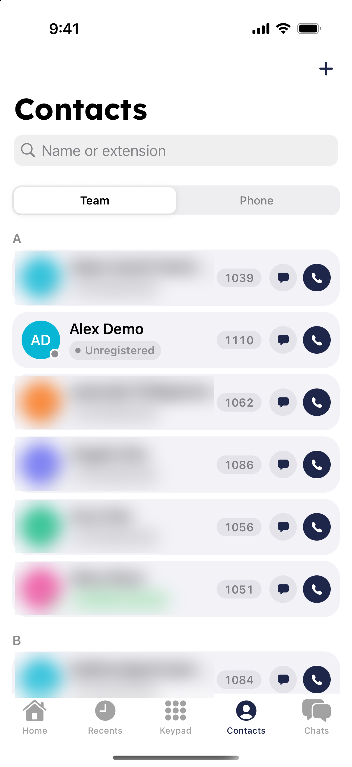 Contacts Team tab in the RingQ app