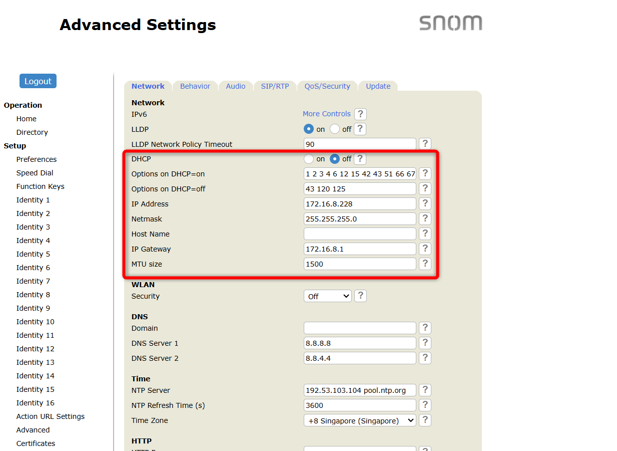 Network settings on the phone: DHCP off, static IP entered