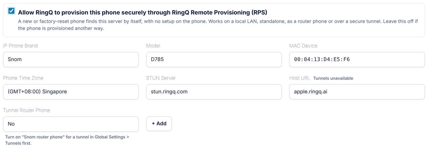 The Auto Provisioning form with RPS ticked for a Snom D785