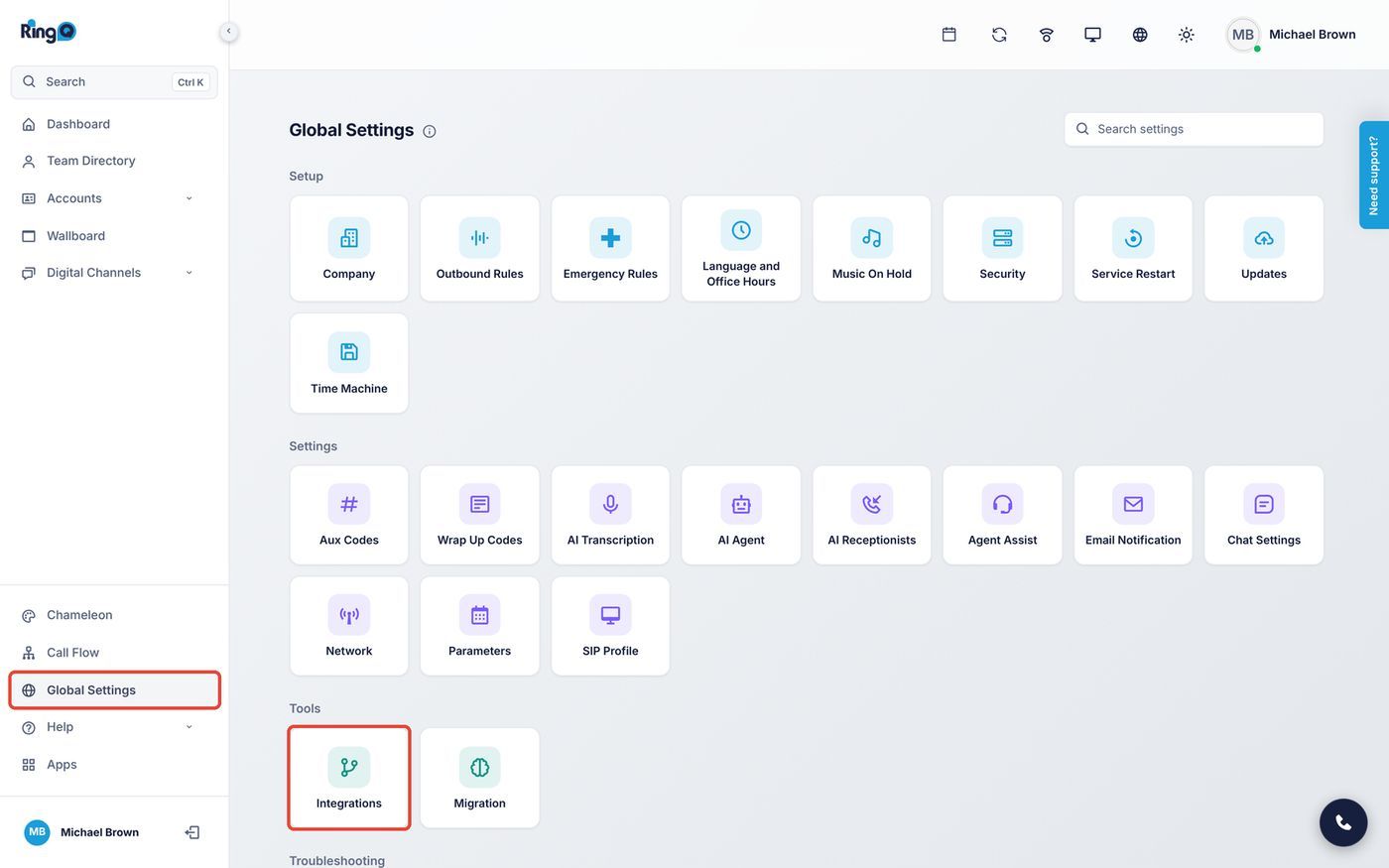 Global Settings > Integrations