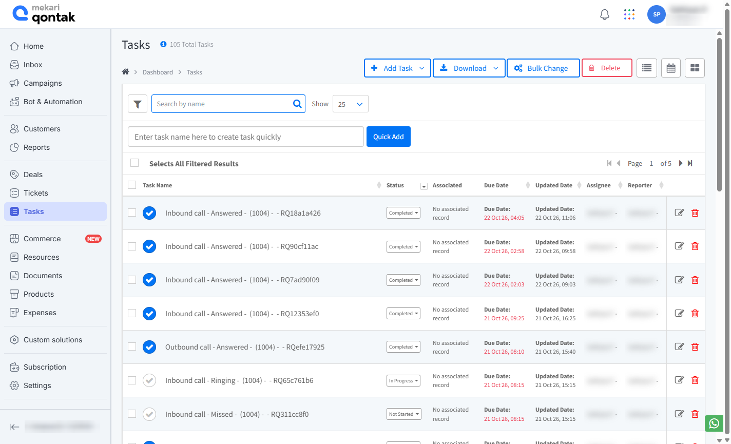Qontak Tasks list: RingQ call tasks with direction, result, number and call reference, status Completed / In Progress / Not Started