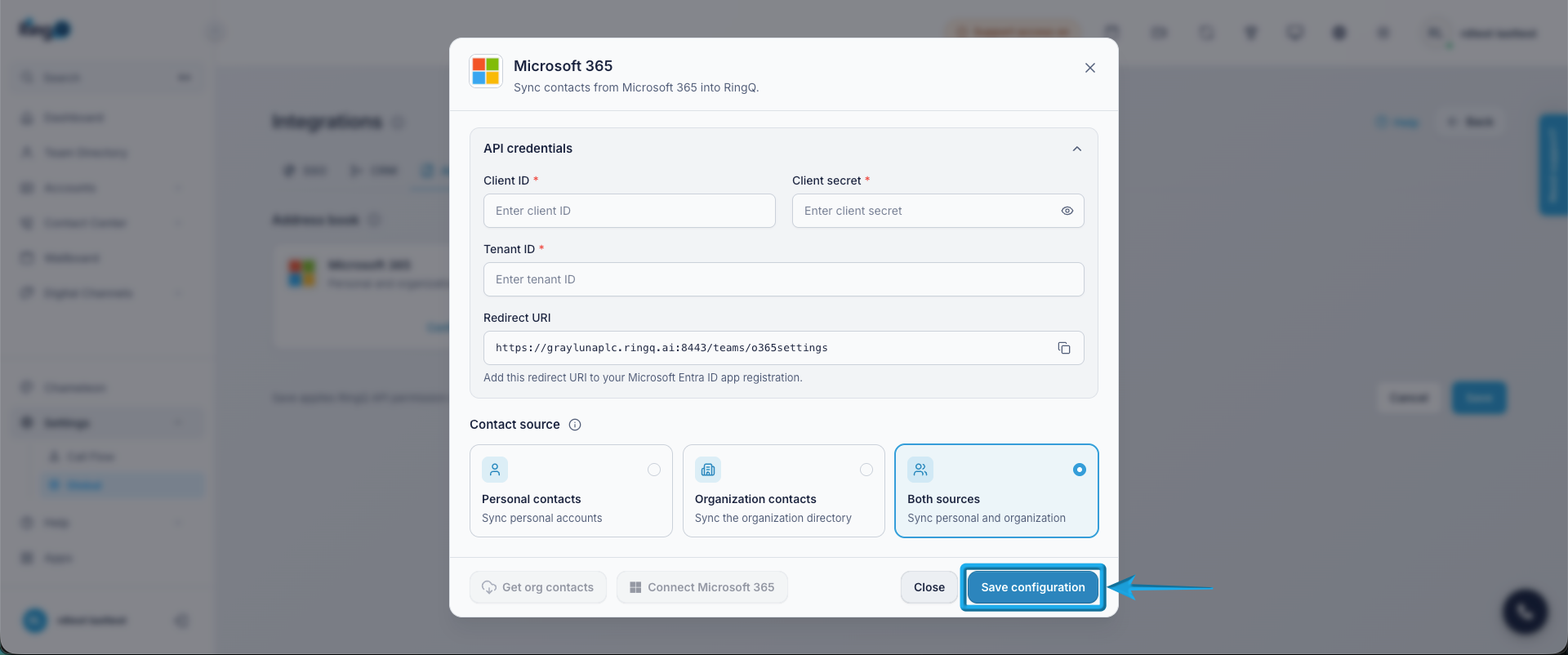 Configure the Contact Source: Both Sources – Synchronizes both personal contacts and organization directory