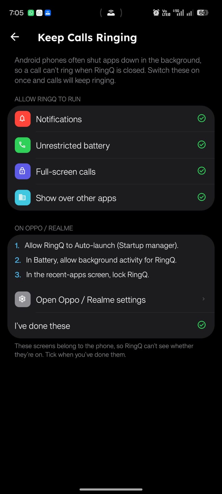 Keep Calls Ringing showing On after setup on Android