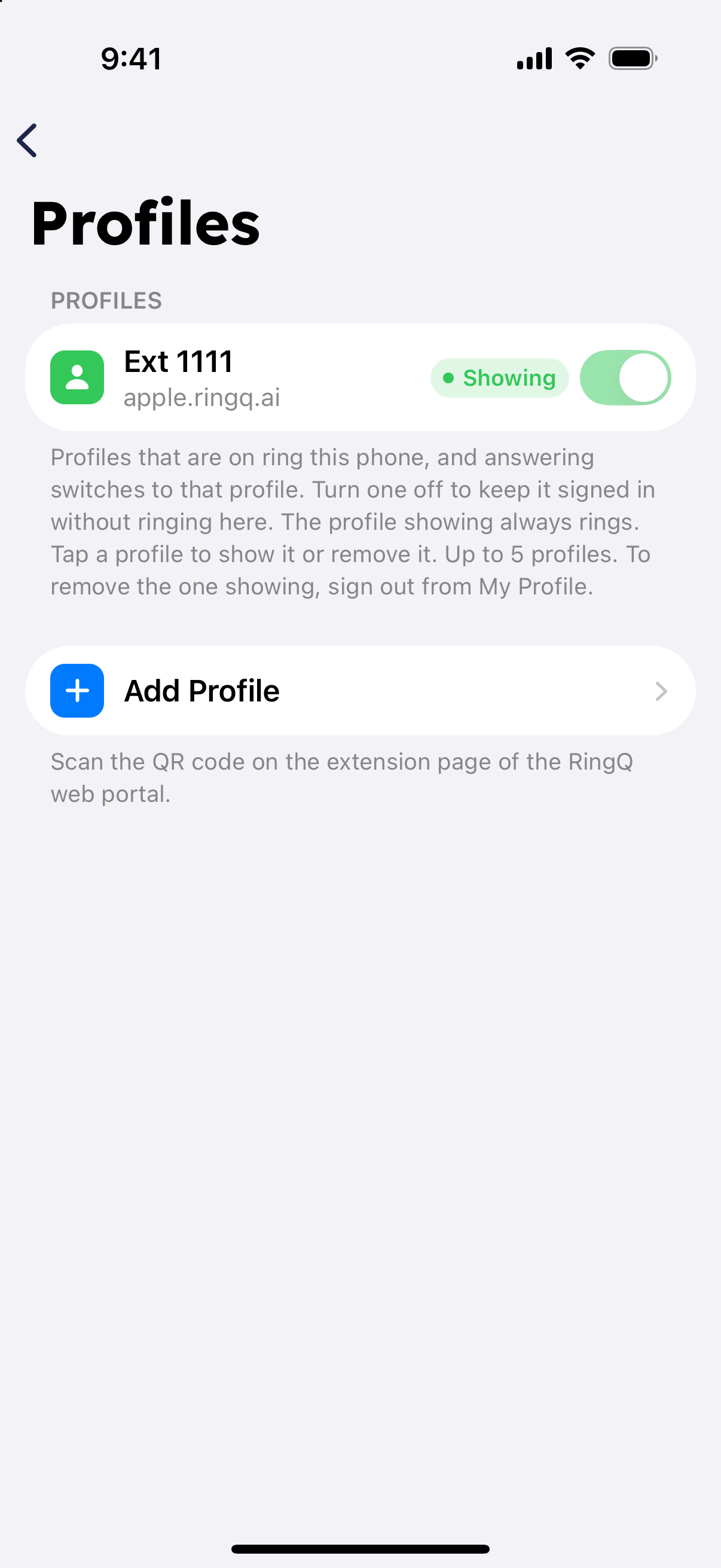 Profiles screen in the RingQ app with one extension signed in