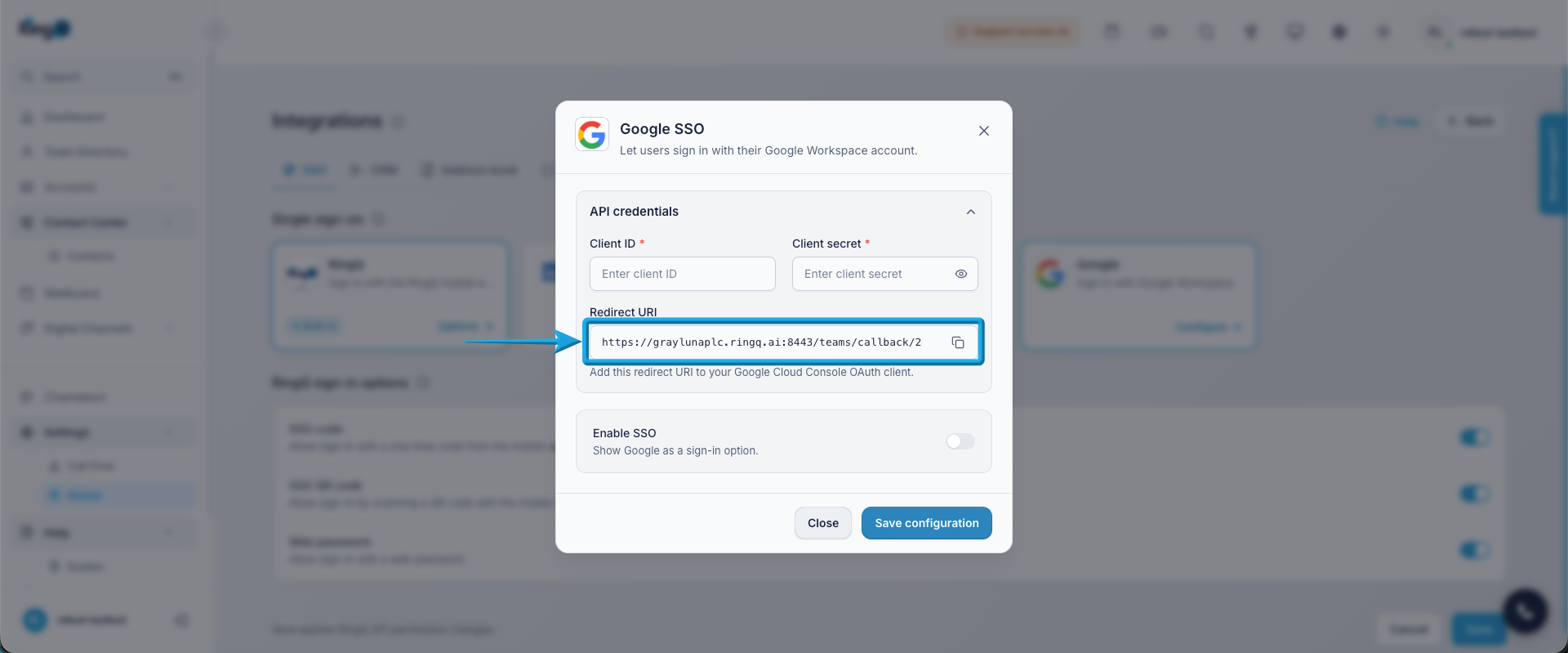 Copy the Redirect URI from RingQ: Log in to your RingQ application and navigate to Settings → Global Settings