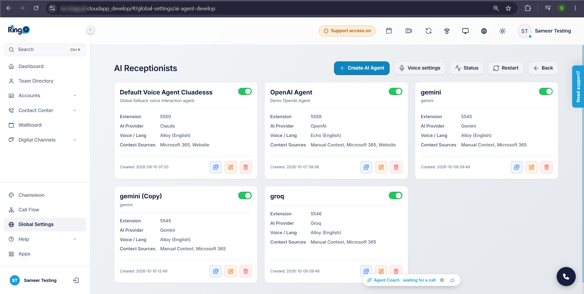 AI Receptionists page with Create AI Agent, Voice settings, Status and Restart