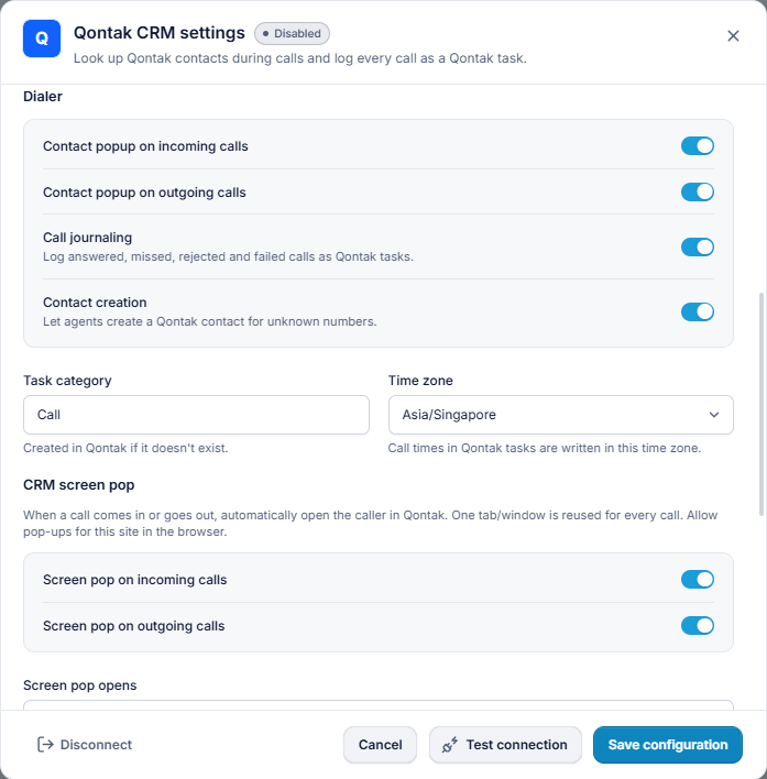 RingQ Qontak settings: contact popup, call journaling, contact creation, task category, time zone, CRM screen pop