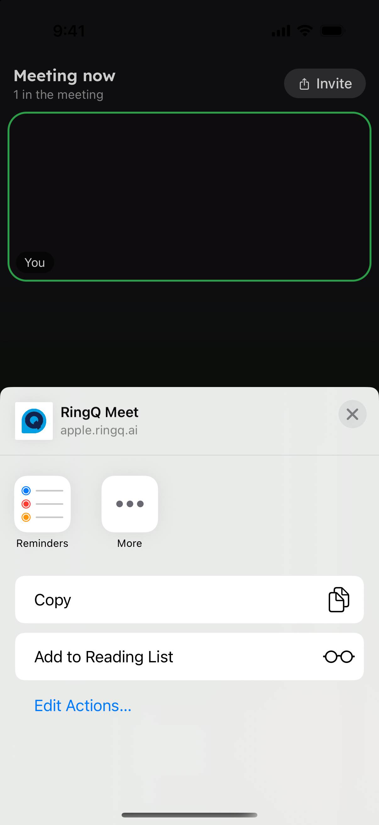 Sharing a RingQ Meet invite link from the phone