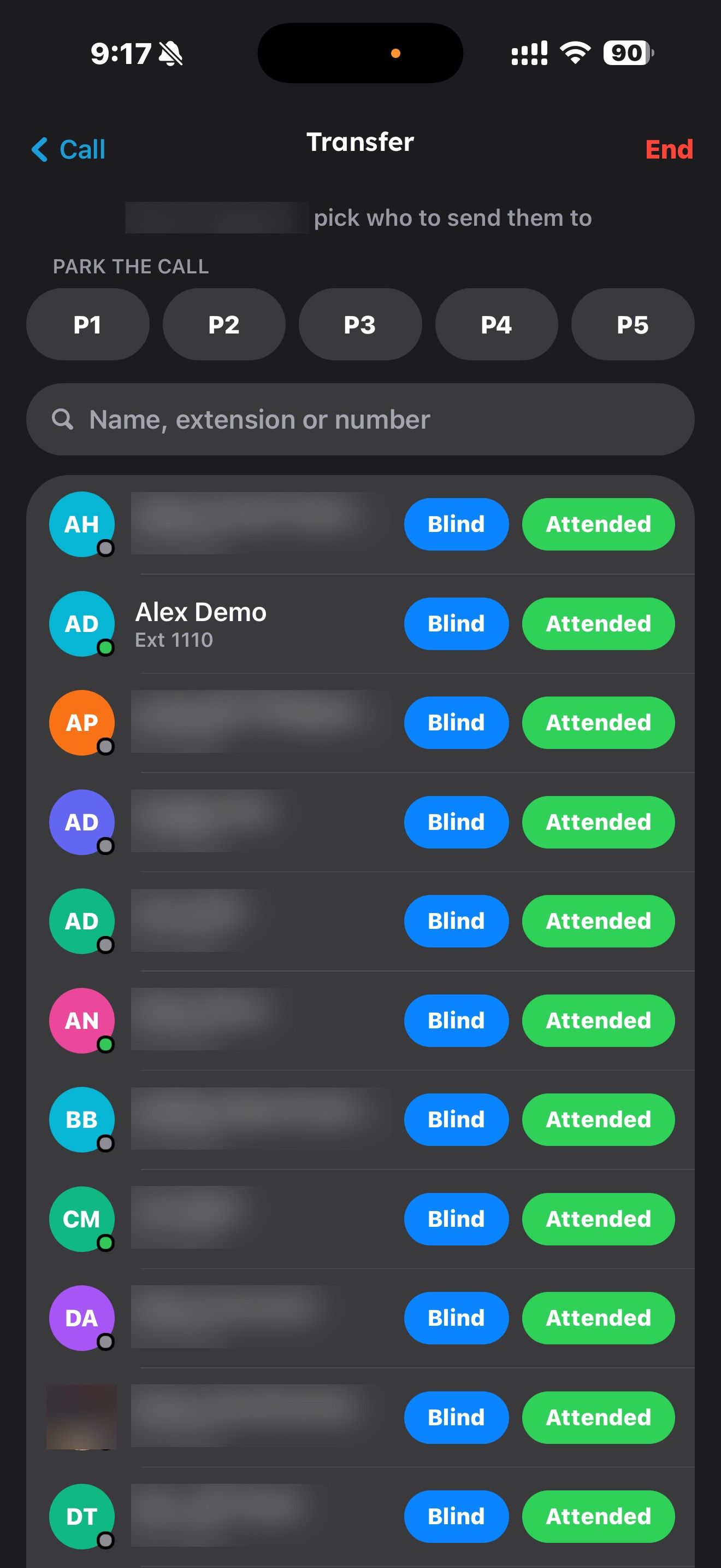 Transfer screen in the RingQ iPhone app with Blind and Attended options