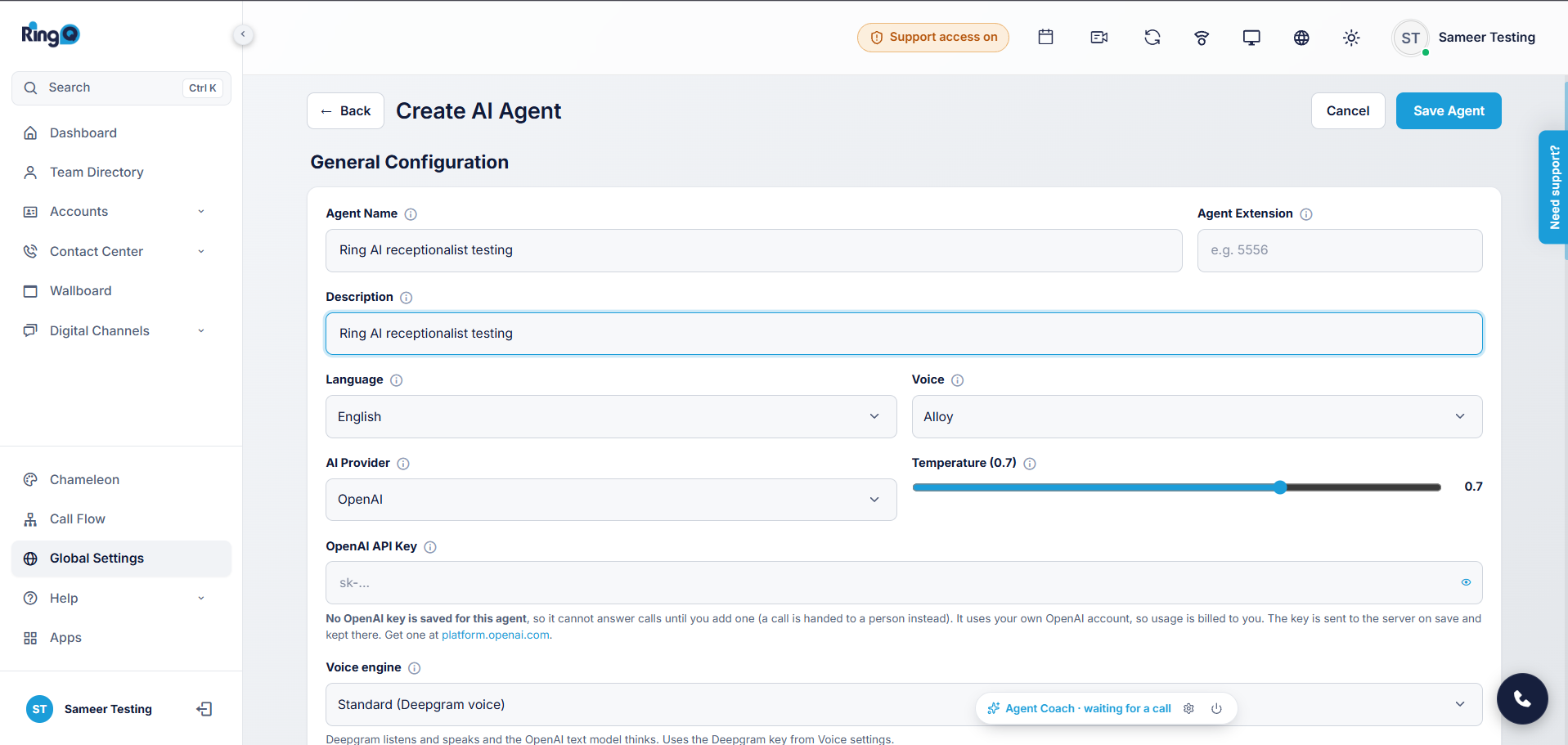 Agent Name and Description fields