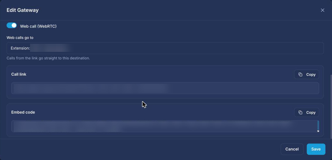 RingQ WebRTC gateway settings: Web call switch, Web calls go to destination, Call link and Embed code with Copy buttons