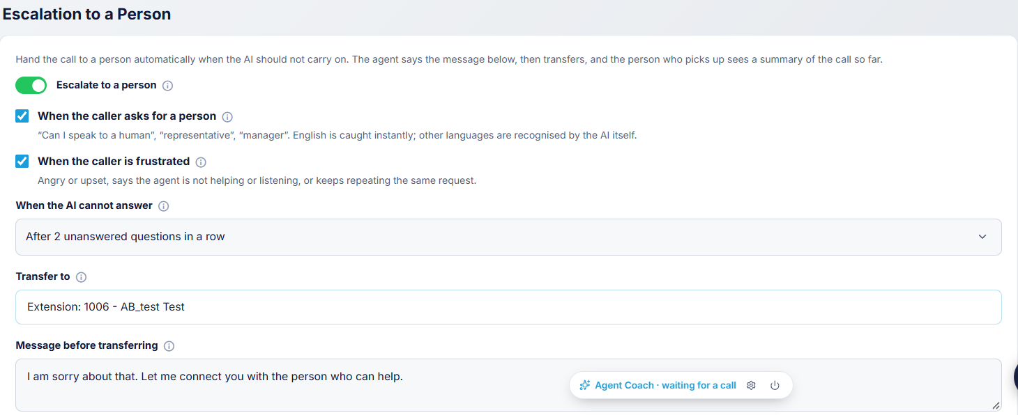 Escalation to a Person settings turned on