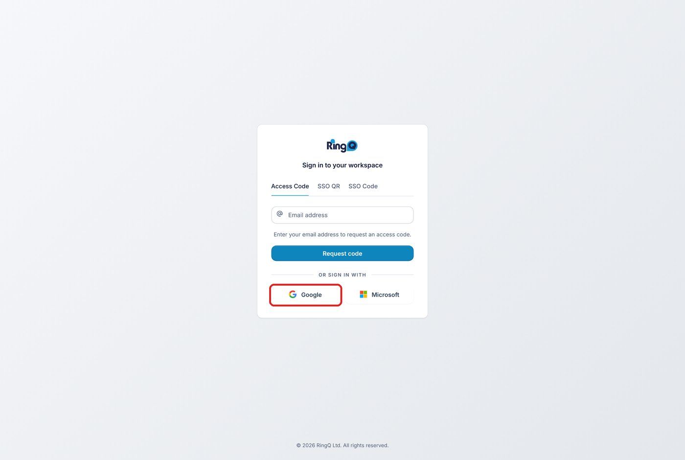 RingQ login page, Google button