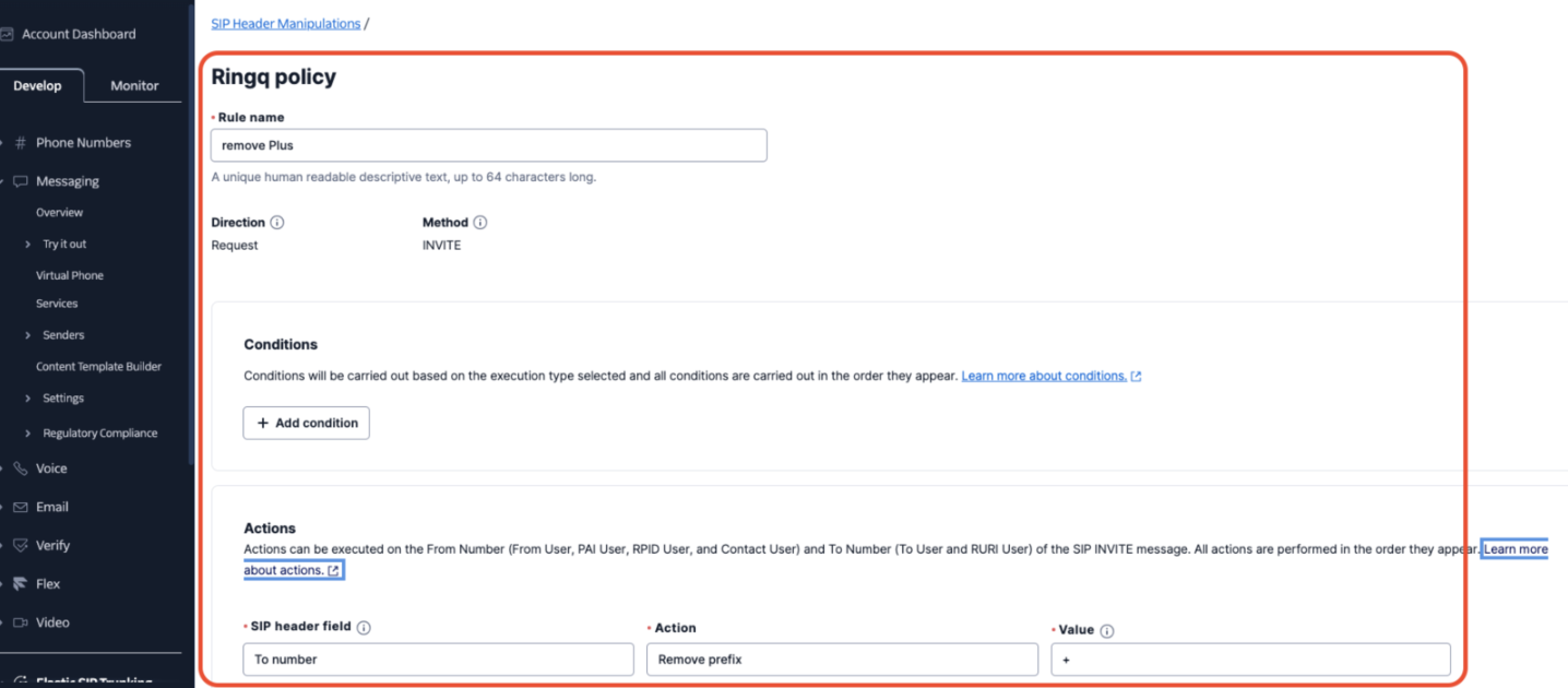 RingQ Policy for Twilio SIP Trunk