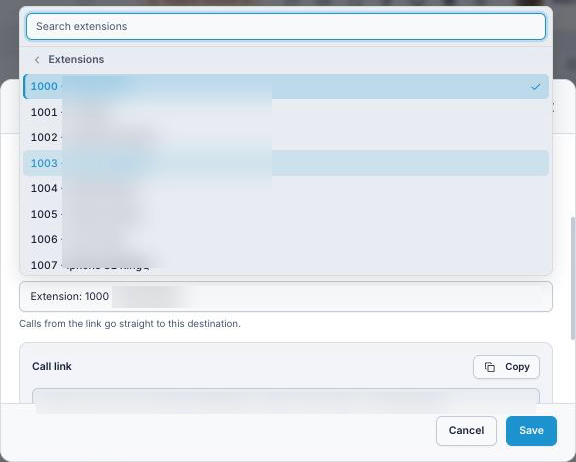 RingQ WebRTC gateway Web calls go to picker listing extensions, with the selected destination ticked
