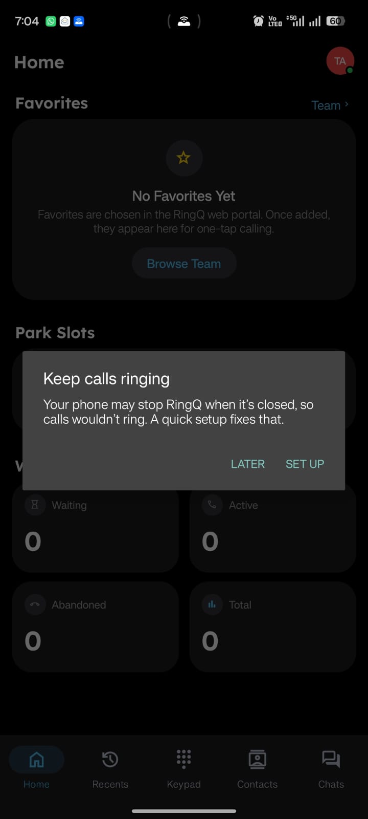 Keep calls ringing prompt on the RingQ Android Home screen