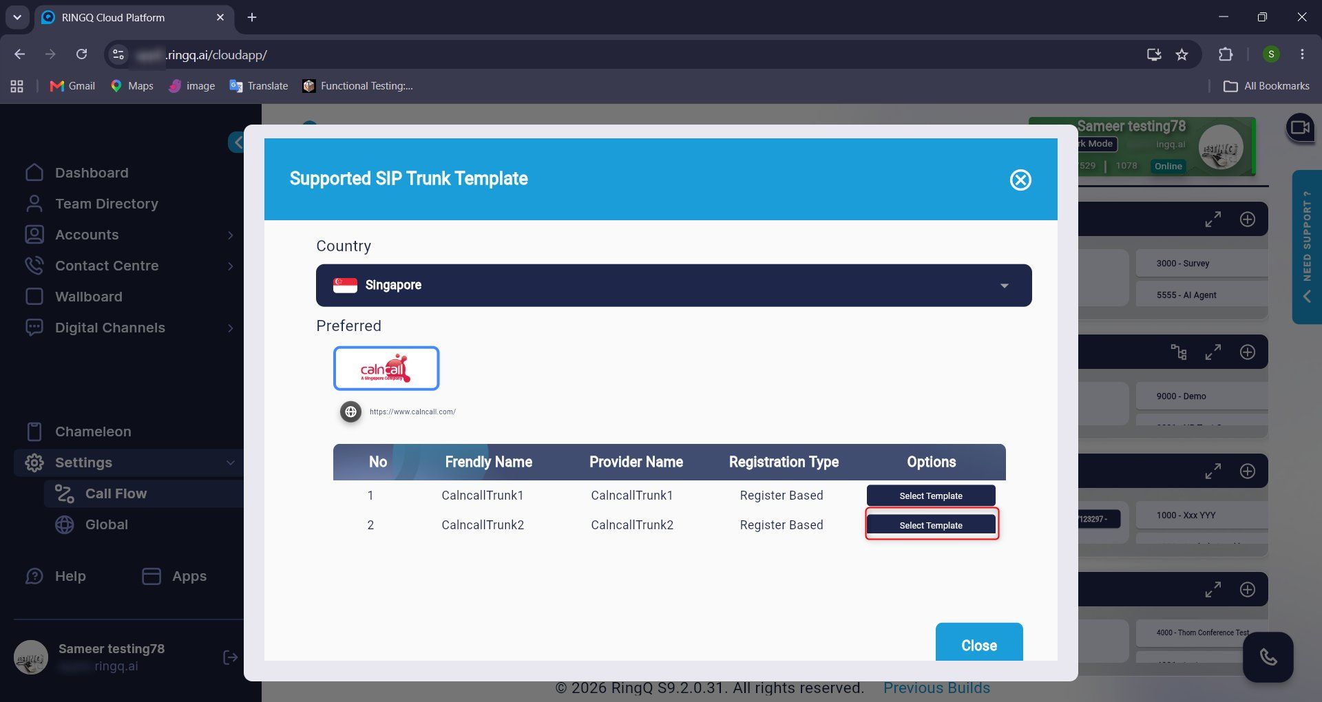 Selecting the country, provider and template