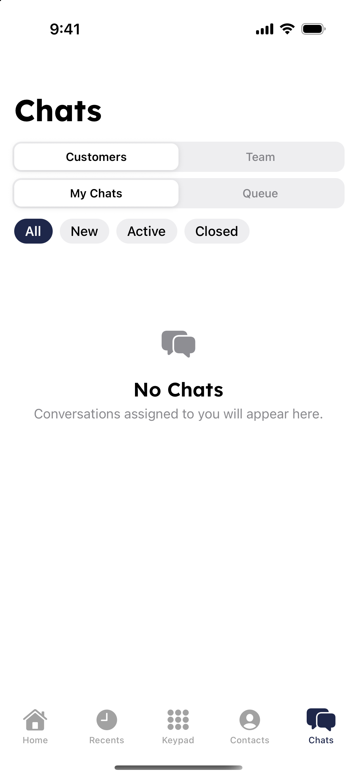 Chats tab in the RingQ app with team and customer chats