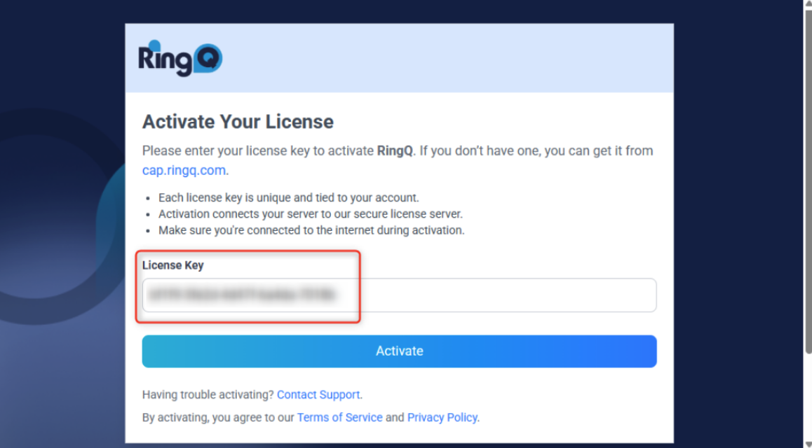 RingQ license activation